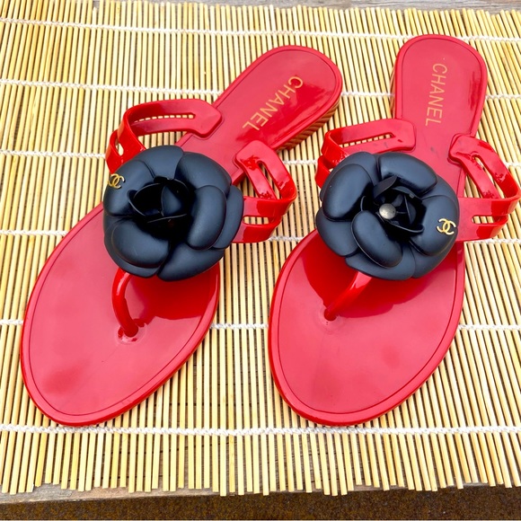 Chanel, Red and Black Rose Camelia Sandals - Picture 1 of 10